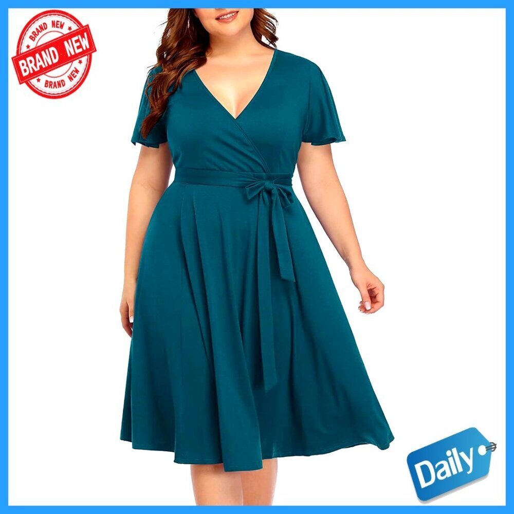 Plus Size Midi Dress Wrap Empire Waist Flutter Sleeves Semi Formal